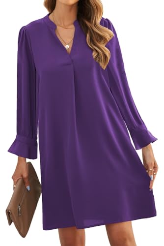 ANFTFH Frauen 2024 Langarm Kleider V-Ausschnitt Casual Flowy Swing Party Club Mini Kleid Violett M von ANFTFH