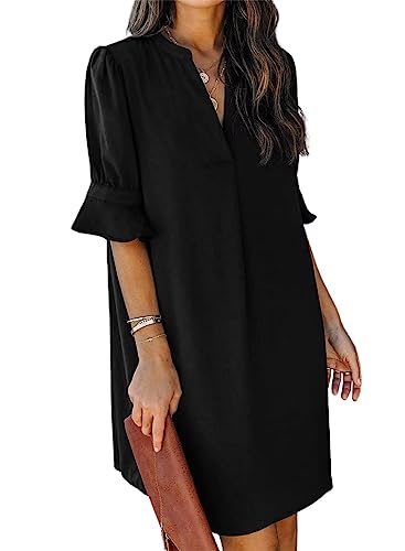 ANFTFH Frauen 2024 Sommer Kurzarm Kleider V-Ausschnitt Casual Flowy Swing Party Club Mini Kleid Schwarz M von ANFTFH