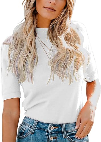 ANFTFH Frauen Basic Mock Turtle Neck Tops Schlankes Halbarm Nettes Plain T Shirt Weiß XXL von ANFTFH