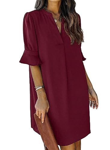 ANFTFH Frauen Einfache Einfarbige Sommer V-Ausschnitt Kurzarm Rüsche Puff Sleeve Kleid Rotwein XXL von ANFTFH