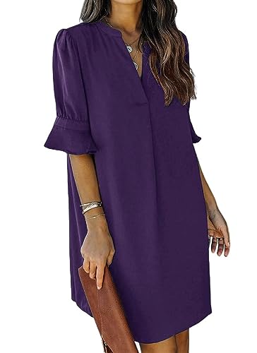 ANFTFH Frauen Sommer Casual Sundress Kleid Rüschen Ärmel Kleider Einfaches Mini Kleid Violett S von ANFTFH