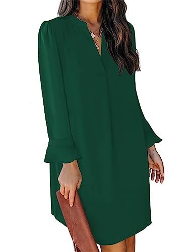 ANFTFH Frauen V-Ausschnitt Langarm Hemdkleid Elegant Casual Einfarbig Kurzes Kleid weihnachtskleider Damen Dunkel Grün XL von ANFTFH