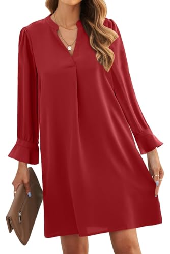 ANFTFH Kleid Damen Langarm V-Ausschnitt Minikleid für Damen Freizeitkleid Elegant Pulloverkleid Damen Weihnachtskleid Partykleid Rot XXL von ANFTFH