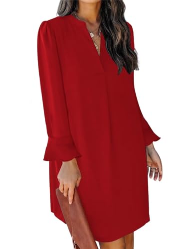 ANFTFH Kleid Damen Langarm V-Ausschnitt Minikleid für Damen Winter Herbst Kleid Elegant Pulloverkleid Damen Weihnachtskleid Rot XL von ANFTFH