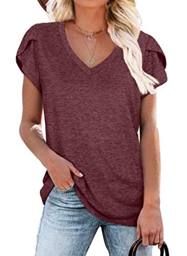 ANFTFH Kurzarm Damen Basic-Top Lässiges T-Shirts V Ausschnitt Oberteile Sportshirt Rot M von ANFTFH