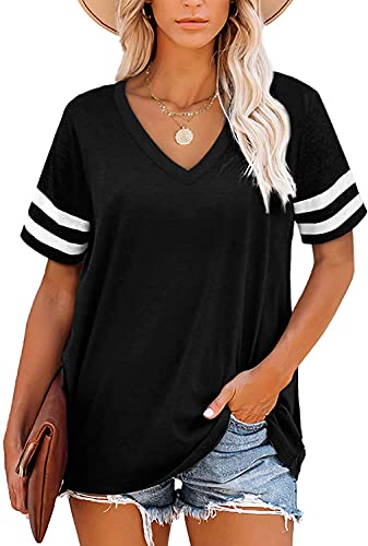 ANFTFH Kurzarm-Top Damen V-Ausschnitt Gestreifte Ärmel T-Shirt Sommer Top Kurzarm Lose Shirts Schwarz M von ANFTFH