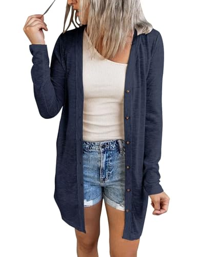 ANFTFH Langarm Cardigan Damen Dünne Jacke Einfarbig Strickjacke mit Knöpfen Navy Blau XXL von ANFTFH