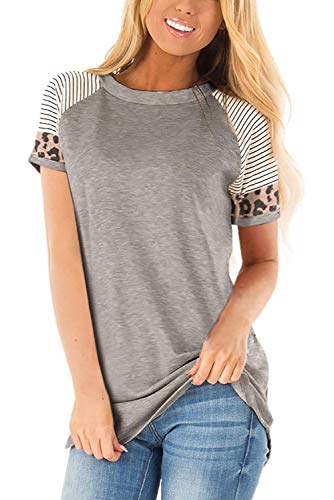 ANFTFH T-Shirt Leoparden Oberteil Damen Kurzarm T Shirt Damen Elegant Top Leopardenmuster Gray S von ANFTFH