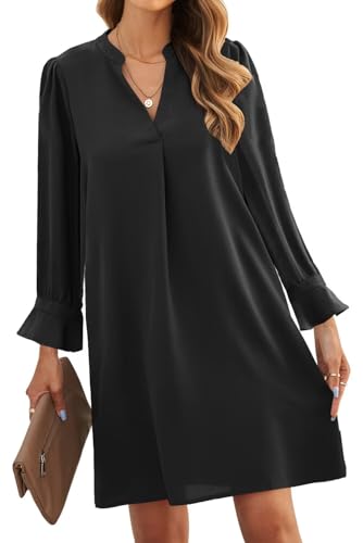 ANFTFH Lose Kurzes Kleid Damen Rüschen Ärmel Split V-Ausschnitt Gerade Fit Einfarbig Schlankes Kleid Casual Kleid für Frauen Schwarz XXL von ANFTFH