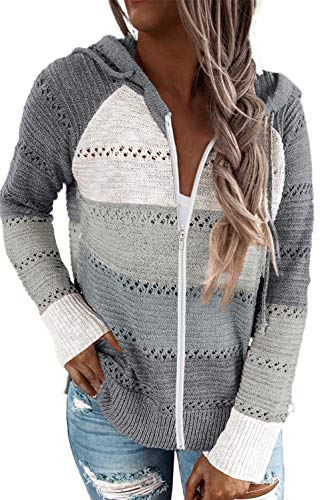 ANFTFH Pullover Damen Gestrickte Strickjacke Stricken Hoodie Farbblockstreifen Mantel Kapuzenpullover mit Reißverschluss Grauweiß L von ANFTFH