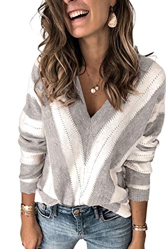 ANFTFH Pullover Damen Sexy tiefem V-Ausschnitt Langarmshirt Handgestricktes Gestreiftes Jumper Oberteil Sweatshirt Grau L von ANFTFH