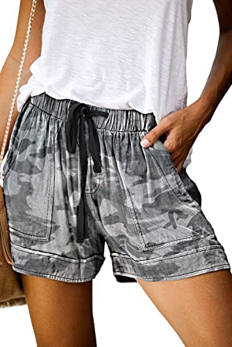 ANFTFH Shorts Damen Kurze Hose Sommer Hosen Shorts Freizeithosen Urlaub elastische Taille mit Taschen Baumwoll Leinen Shorts Strand Schwimmshorts Wassersport Bademode Shorts Camo L von ANFTFH