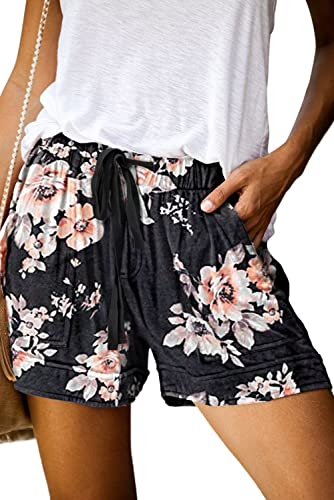 ANFTFH Shorts Damen Kurze Hose Sommer Hosen Shorts Freizeithosen Urlaub elastische Taille mit Taschen Baumwoll Leinen Shorts Strand Schwimmshorts Wassersport Bademode Shorts Schwarze Blume L von ANFTFH