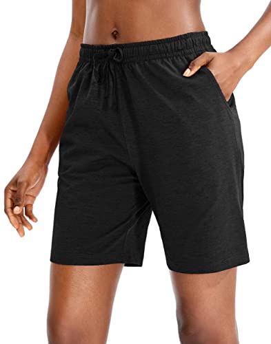 ANFTFH Sommer Kurze Hose Damen High Waist Shorts Locker Sport Freizeithosen Athletic Sweatshorts mit Taschen Gummibund Bermuda Shorts Damen Knielang Schwarz M von ANFTFH