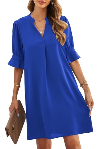 ANFTFH Sommerkleid Damen V-Ausschnitt Kleider Kurzer Ärmel mit Rüschen Strandkleider Freizeitkleid Schatz Blau M von ANFTFH
