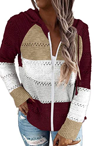 ANFTFH 2024 Damen Pullover Stricken Mode Hoodie Gestreifte Strickjacke mit Kapuze und Reißverschluss Rotwein M von ANFTFH