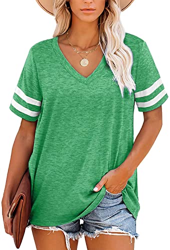 ANFTFH T Shirt Damen Gestreiftes Ärmeloberteil Casual Top V-Ausschnitt Sommer Loose Shirts Gras Grün L von ANFTFH