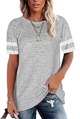 ANFTFH T-Shirt Damen Rundhalsausschnitt Bluse Ärmel gestreifte Bluse Kurzarmbluse Shirts t Shirt Kurzarm Tops Hell Grau S von ANFTFH