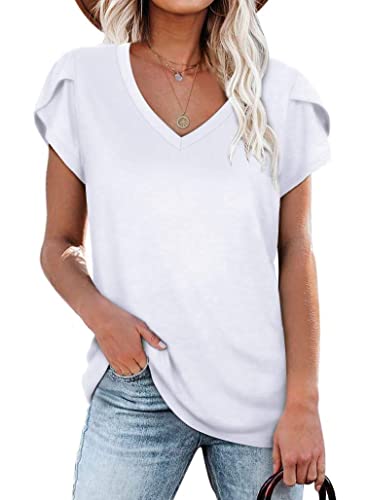 ANFTFH Top Damen Kurzarm Sportoberteil Einfarbiges T-Shirt V-Ausschnitt Freizeitshirt Blusenshirt Weiß M von ANFTFH