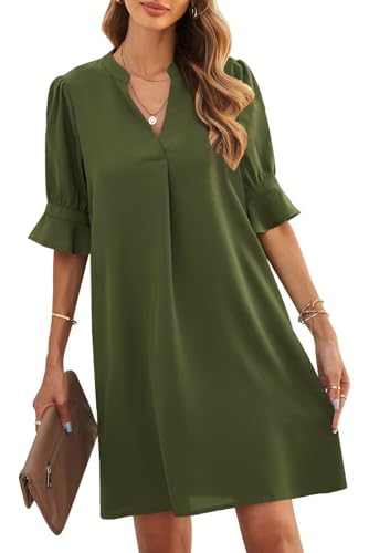 ANFTFH fließende Kleider für Frauen Damen Rüschenärmel Split V-Ausschnitt Gerade Fit Solid Color Slim Kleid Freizeitkleider für Frauen Grün M von ANFTFH