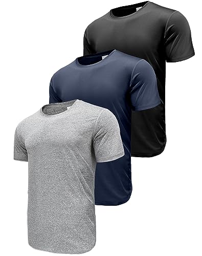 Herren 3er Pack Sport Tshirts Funktionsshirt Laufshirt Kurzarm T-Shirts UPF 50+ Schnelltrocknend Atmungsaktiv Sport Shirt Männer Sportshirt Herren Kurzarm Trainingsshirt Black/Navy/HGrey-3PA3-L von ANGEL CITIZ