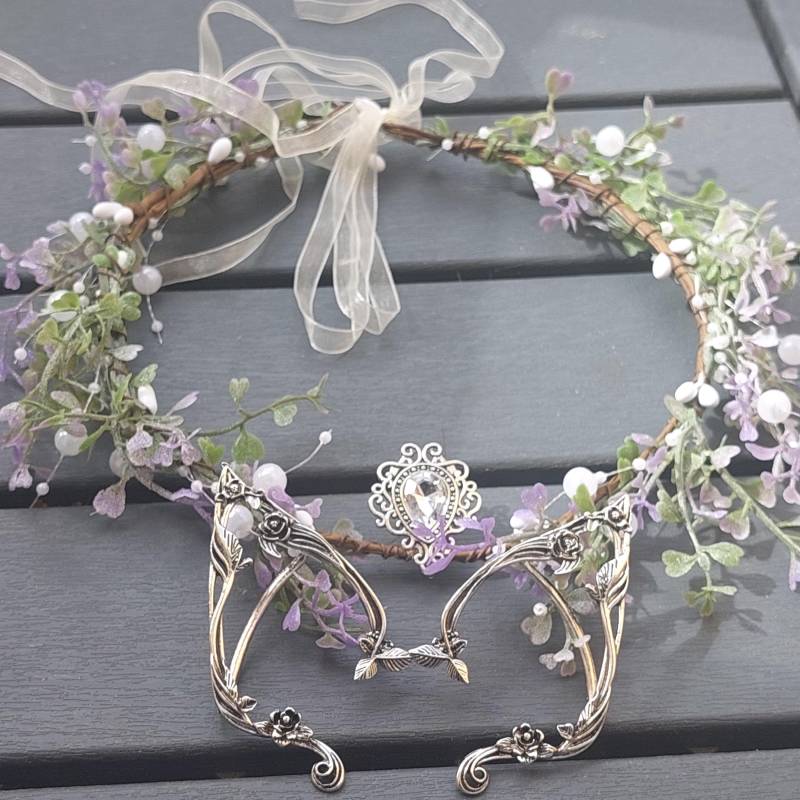 Exquisite Golden Elven Ear Cuffs Fantasy Accessories For Left & Right Ears+ Enchanting Rose Flower Crown =Super Set von ANGELENADE