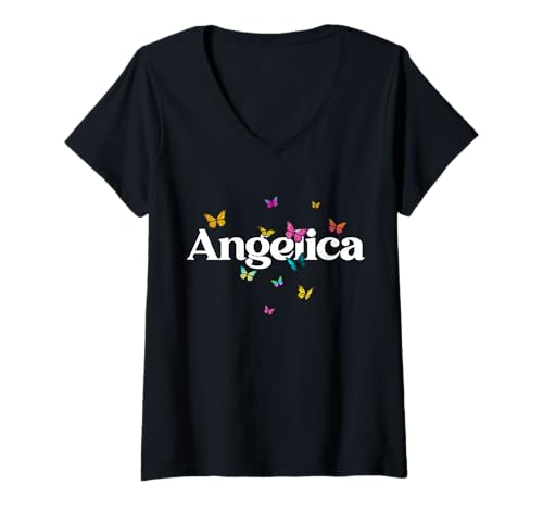 Damen Angelica - Schöner Mädchen Name mit bunten Schmetterlingen T-Shirt mit V-Ausschnitt Damen Angelica - Schöner Mädchen Name mit bunten Schmetterlingen T-Shirt mit V-Ausschnitt von ANGELICA Tochter Enkel Geburtstag Geschenkideen
