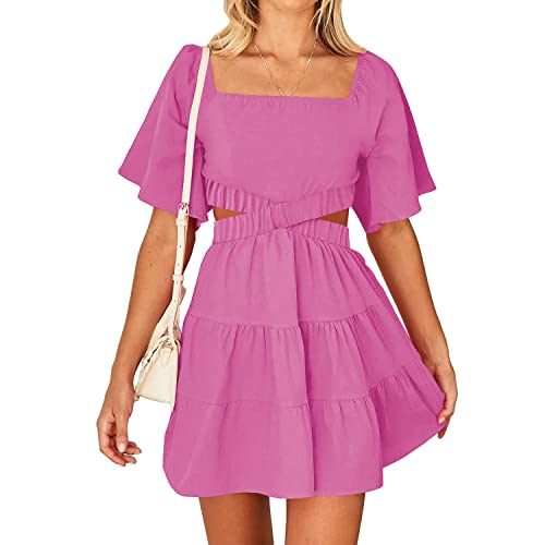 2023 Barbie-Sommerkleid mit quadratischem Ausschnitt für Damen, rosa, halbe Ärmel, Ausschnitt, Crossover, elastische Taille, lässig, Party, A-Linie, Minikleider von ANGGREK