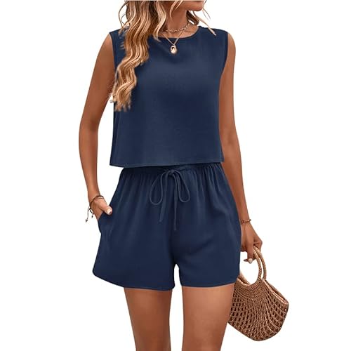 ANGGREK 2-teiliges Outfit für Frauen, ärmelloses Crop-Tanktop und hoch taillierte Shorts mit Taschen, lockeres, lässiges Sommer-Short-Set Navy blau von ANGGREK