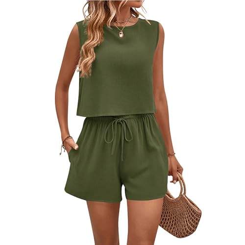 ANGGREK 2-teiliges Outfit für Frauen, ärmelloses Crop-Tanktop und hoch taillierte Shorts mit Taschen, lockeres, lässiges Sommer-Short-Set helles Armeegrün von ANGGREK