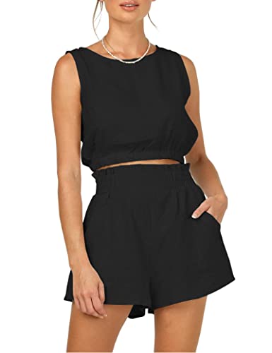 ANGGREK 2-teiliges Outfit für Frauen, ärmelloses Crop-Tanktop und hoch taillierte Shorts mit Taschen, lockeres, lässiges Sommer-Short-Set von ANGGREK