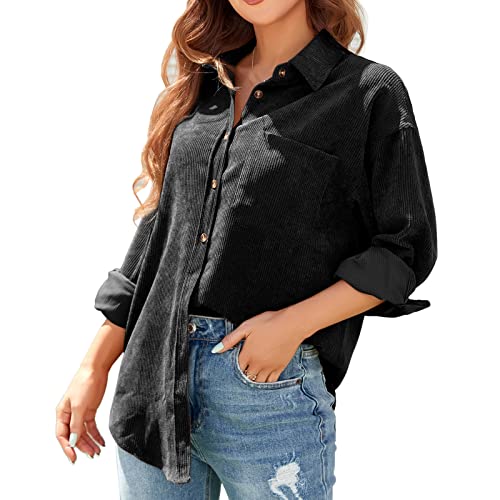 ANGGREK Bluse Damen Corduroy Shirt Button Down Langarm V-Ausschnitt Hemdbluse Jacke Oversized Blusen Oberteile Leicht Mantel,Schwarz,L von ANGGREK