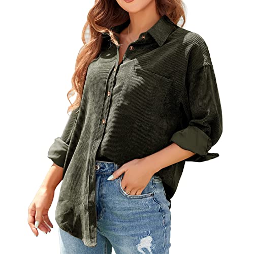 ANGGREK Bluse Damen Langarm V-Ausschnitt Button Down Corduroy Shirts Cord Hemd Jacke Loose Leicht Strickjacke Freizeit Mantel,Grün,XL von ANGGREK