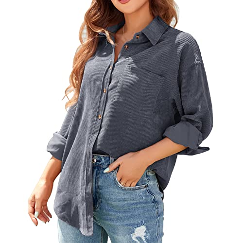 ANGGREK Bluse Frauen Corduroy Shirts Hemd Jacke Button Down Blusen Tops Langarm Cordjacke Mantel Oversized Bf Oberteil für Oberbekleidung,Dunkelgrau,M von ANGGREK