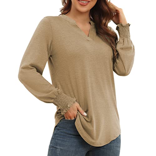 ANGGREK Blusen Damen Langarm Tunika V-Ausschnitt Bluse Shirt Elegant Langarmshirt Casual Oberteile,Aprikose,XXL von ANGGREK