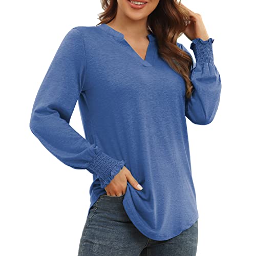 ANGGREK Blusen Damen Langarm Tunika V-Ausschnitt Bluse Shirt Elegant Langarmshirt Casual Oberteile,Blau,M von ANGGREK