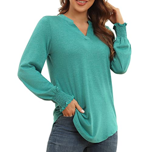 ANGGREK Blusen Damen Langarm Tunika V-Ausschnitt Bluse Shirt Elegant Langarmshirt Casual Oberteile,Grün,S von ANGGREK