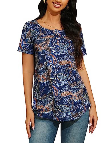 ANGGREK Casual Tunika Damen Kurzarm Blumen Bluse Scoop-Ausschnitt Henley T-Shirt Rüschensaum Falten Top Sommer Frühling，Blaues Muster，L von ANGGREK