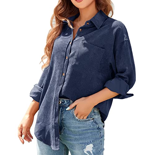 ANGGREK Cord Hemd Bluse Damen Corduroy Basic Shirts Hemd Jacke Leicht Strickjacke Langarm Button Down Oversize Oberteil mit Taschen,Dunkelblau,L von ANGGREK