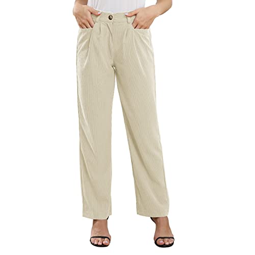 ANGGREK Cordhose Damen Hohe Taille Knopfleiste Reißverschluss Corduroy Elegante Hosen mit Taschen,Beige,L von ANGGREK