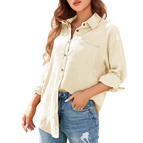 ANGGREK Corduroy Shirts Damen Langarm Button Down Cord Bluse Hemdjacke V-Ausschitt Taschen Oberteil Strickjacke Casual Blusen Mantel,Beige,XXL von ANGGREK