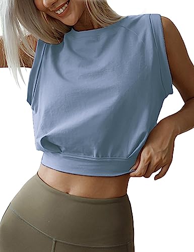 ANGGREK Crop Top Athletic Shirts für Frauen Yoga Workout ärmellose Sommertops Y2K Fashion Tank Kleidung (2-Himmelblau,Large) von ANGGREK