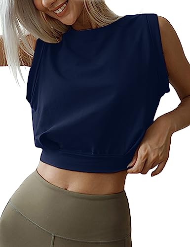 ANGGREK Crop Top Athletic Shirts für Frauen Yoga Workout ärmellose Sommertops Y2K Fashion Tank Kleidung (2-Marineblau,X-Small) von ANGGREK