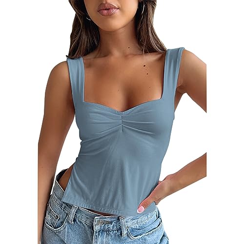 ANGGREK Crop Tops für Frauen Plissee Sweetheart Neck Weste Cami Sexy Riemchen Ärmelloses Tank Top Skinny Slits Bustier Blau von ANGGREK