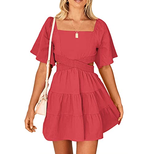 ANGGREK Damen 2023 Sommer-Minikleid mit Ausschnitt, Pink, kurzärmelig, quadratischer Ausschnitt, Crossover-Taillenkleid, Babyparty von ANGGREK