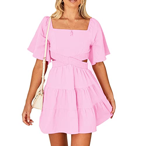 ANGGREK Damen 2023 Sommerkleid mit quadratischem Ausschnitt und Ausschnitten, kurzärmelig, überkreuzte Taille, lässig, Party, Minikleid, Urlaub,XL von ANGGREK