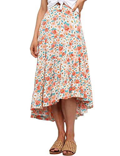 ANGGREK Damen Boho Blumendruck Midi Rock Rüschen Hohe Taille Casual Lang Flowy Rock für Frühling Sommer Strand Urlaub, pink floral, Klein von ANGGREK