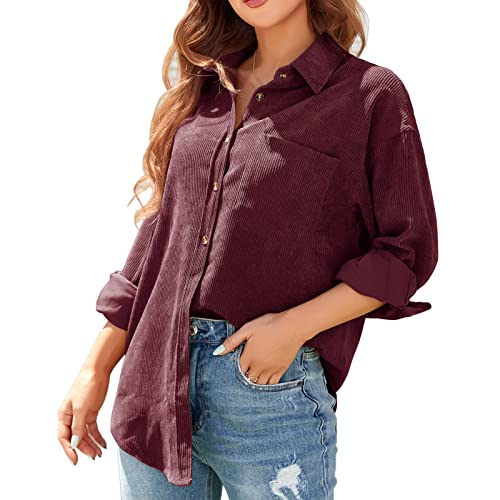 ANGGREK Damen Button Down Bluse Cordjacke Langarm V-Ausschnitt Cord Hemd Jacke Oversized Oberteil Casual Shirts mit Taschen,Weinrot,L von ANGGREK