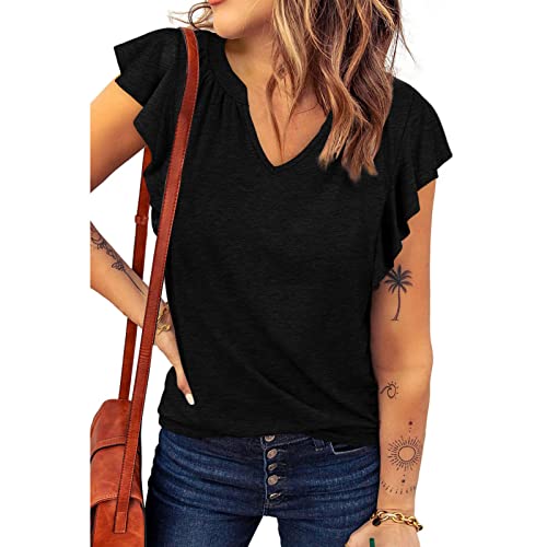 ANGGREK Damen Casual V-Ausschnitt Rüschen Flügelärmel Tank Top Sommer Sexy Lose Bluse Plus Größe Ärmelloses T-Shirt von ANGGREK