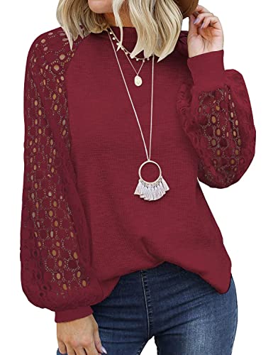 ANGGREK Damen Causal Einfarbiges Langarmshirt mit Schwarzen Spitzen Elegantes Sweatshirt(Weinrot,S) von ANGGREK